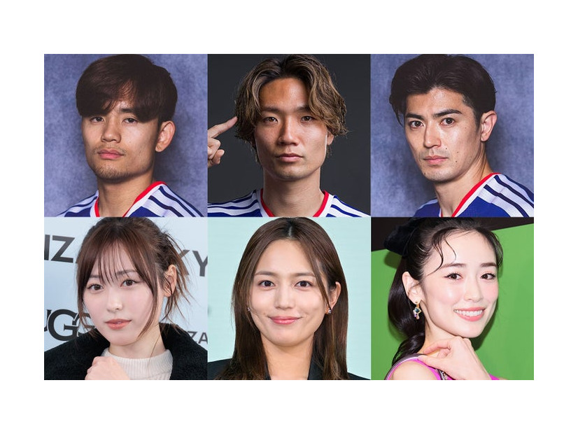 （上段左から）久保建英、板倉滉、谷口彰悟／Photo by Getty Images（下段左から）福原遥、川口春奈、泉里香（C）モデルプレス
