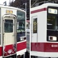 列車の行き先や種別を表す方向幕などが盗まれた野岩鉄道の車両「61103編成」（左）と通常の車両（同社提供）