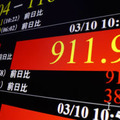 上げ幅が一時900円を超えた日経平均株価を示すモニター＝10日午前、東京・東新橋