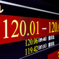 円相場が一時1ドル＝120円台となったことを示すモニター＝22日午前、東京・東新橋