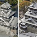 熊本地震で大きな被害を受けた2016年4月15日（左）と今年4月5日の熊本城。最初の激震「前震」から14日で6年、天守閣は昨年復旧された＝熊本市（共同通信社ヘリから）
