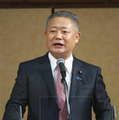 共同通信きさらぎ会で講演する日本維新の会の馬場共同代表＝18日午後、東京都港区