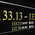 1ドル＝133円台を付けた円相場を示すモニター＝8日午前、東京・東新橋