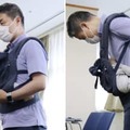 抱っこひものベルトをきちんと締めた安全な使用方法（左）と、締め付けが緩んでいる危険な使用方法＝20日午後、消費者庁（使用している製品は実際の事故とは関係ありません）