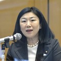 放送協議会運営委員会で講演する牧島かれん前デジタル相＝15日午後、東京都港区の共同通信社