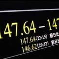 1ドル＝147円台後半に急落し、32年ぶりの安値を付けた円相場を示すモニター＝13日午後10時19分、東京・東新橋
