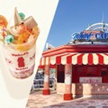 ヤクルト・ソフトクリームサンデー ～ピーチ～（左）、ワーフカフェ外観（右）／画像提供：ユー・エス・ジェイ