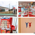 売店の外観（左上）、売店の内部のようす（右上）、ご当地ポッキーの数々（左下）、売店のトイレのマークもグリコポーズ！（右下）