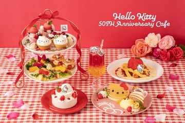 「ハローキティ50周年記念カフェ」東名阪で開催、キティ&ミミィのアフヌンやケーキ風パフェ 画像