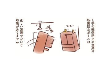 「震度７に対応」転倒防止グッズでも安心しちゃダメ！家具の下敷きにならないための注意点とは?!【大切な「いのち」と「お金」を守る マンガ 防災&防犯ブック #３】 画像