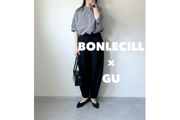 【GU】黒のバレルパンツにギンガムチェックを合わせて。モノトーンの大人カジュアルの着こなし【40代の毎日コーデ】 画像
