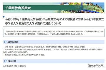 【中学受験2027】千葉県立中、豪雨と台風被災者の入学検査料を減免 画像