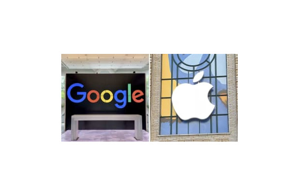 米国のグーグル、アップルのロゴマーク（共同）
