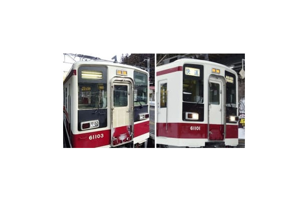 列車の行き先や種別を表す方向幕などが盗まれた野岩鉄道の車両「61103編成」（左）と通常の車両（同社提供）