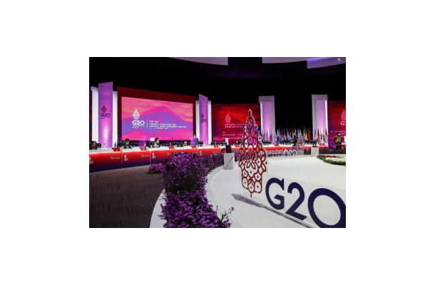 18日、インドネシア・ジャカルタで開催された20カ国・地域（G20）財務相・中央銀行総裁会議の会場（AP＝共同）
