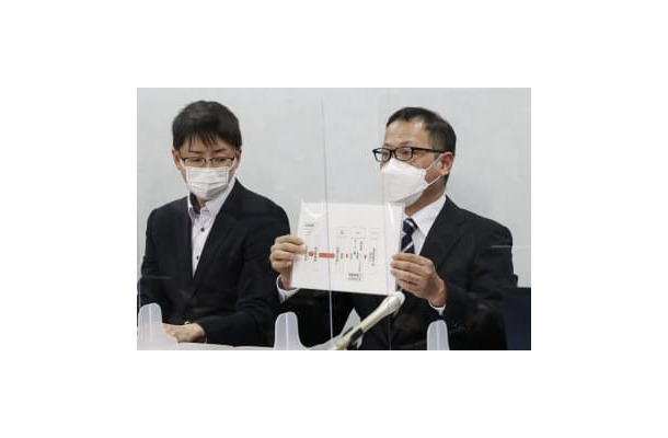 「申告書」を公正取引委員会に提出し、記者会見する岩崎健一さん（右）＝28日午後、大阪市北区