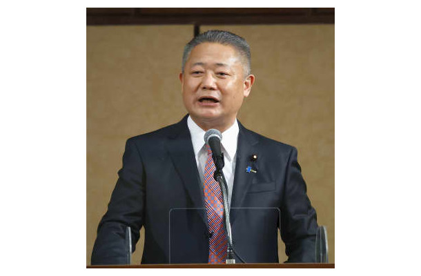 共同通信きさらぎ会で講演する日本維新の会の馬場共同代表＝18日午後、東京都港区