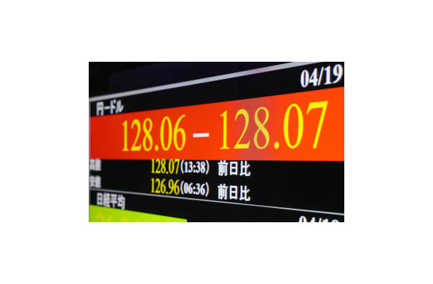1ドル＝128円台をつけた円相場を示すモニター＝19日午後1時40分、東京・東新橋