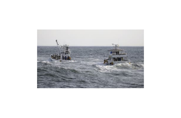 北海道斜里町のウトロの港から捜索に向かう漁船（左）と観光船＝24日午前6時4分