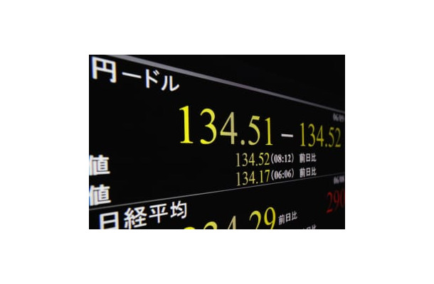 一時1ドル＝134円50銭近辺を付けた円相場を示すモニター＝9日午前、東京・東新橋