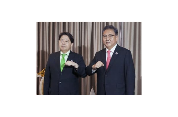 8月、会談に臨む韓国の朴振外相（右）と林外相＝プノンペン（外務省提供・共同）
