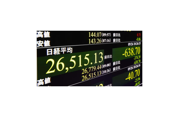 下げ幅が一時600円を超えた日経平均株価を示すモニター＝26日午前、東京・東新橋