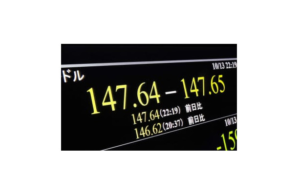 1ドル＝147円台後半に急落し、32年ぶりの安値を付けた円相場を示すモニター＝13日午後10時19分、東京・東新橋