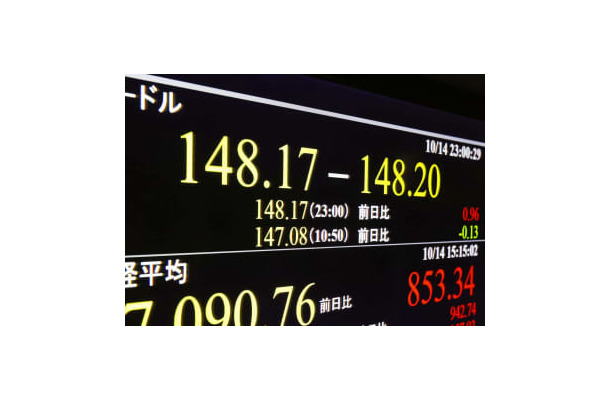 対ドルで一時1ドル＝148円台に下落した円相場を示すモニター＝14日夜、東京都港区