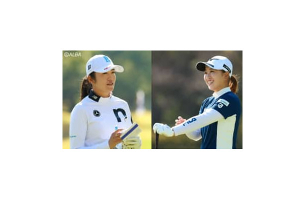 山下美夢有を追いかける稲見萌寧（左）と西郷真央　初日から飛ばしていきたい（撮影：福田文平)