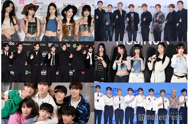 （上段左から時計回り）LE SSERAFIM（C）モデルプレス、EXO／Photo by Getty Images、NewJeans、ZEROBASEONE、n.SSign、ENHYPEN（C）モデルプレス