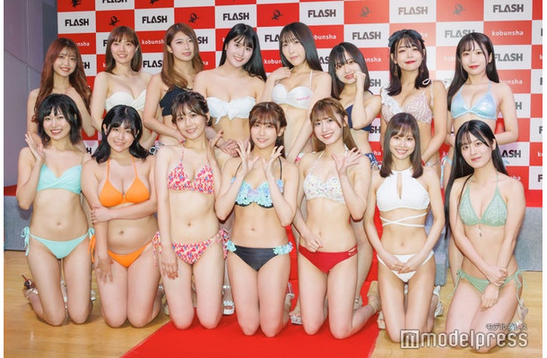（後列左から）北島萌加、本間ミサ、佐伯桃子、白石時、つぶらあい、りん、織田いちか、成瀬結愛（前列左から）永野蘭、朝野ナツ、宮川みやび、磯貝花音、由利美桜、遠藤まめ、三葉ゆあ（C）モデルプレス