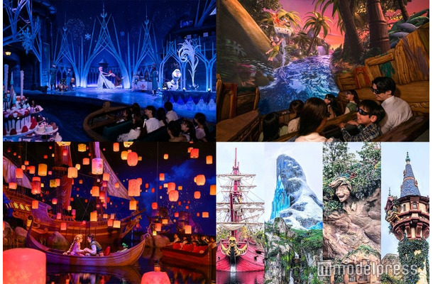 （左上から時計回りに）「アナとエルサのフローズンジャーニー」、「ピーターパンのネバーランドアドベンチャー」（C）Disney、外観（C）モデルプレス、「ラプンツェルのランタンフェスティバル」（C）Disney