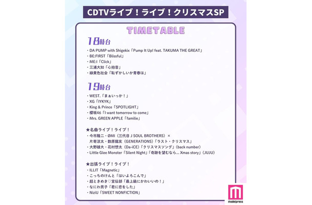 「CDTVライブ！ライブ！クリスマスSP」タイムテーブル（C）モデルプレス