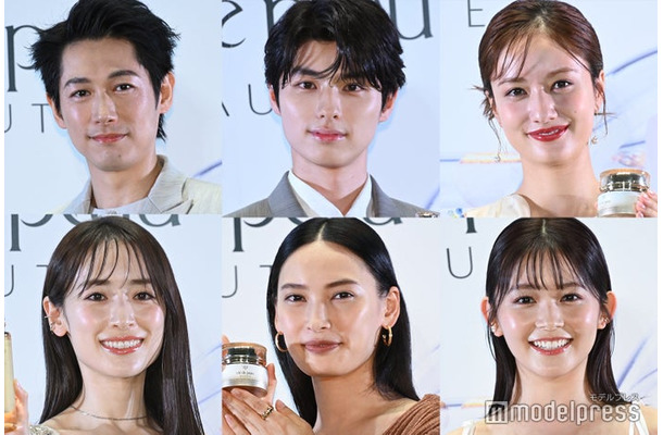 「クレ・ド・ポー ボーテ POPUPイベント」フォトコールに登壇した（上段）ディーン・フジオカ、本田響矢、谷まりあ（下段）泉里香、大政絢、久間田琳加（Cモデルプレス）