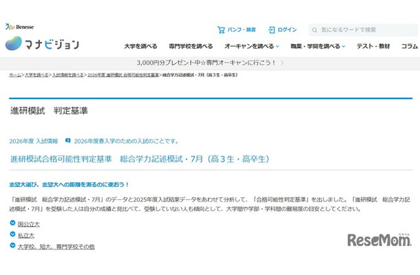 進研模試合格可能性判定基準　総合学力記述模試・7月（高3生・高卒生）