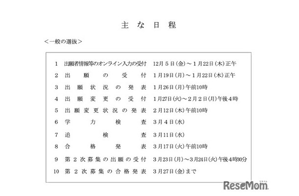 おもな日程＜一般の選抜＞