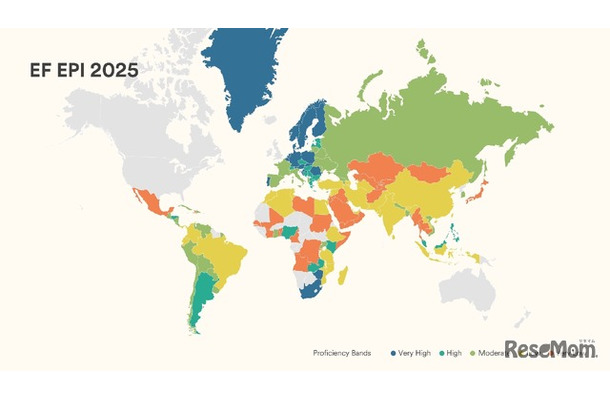 EFEPI英語能力指数を示す世界地図（青が非常に高い、緑が高い、黄緑が標準的、黄色が低い、オレンジが非常に低い）