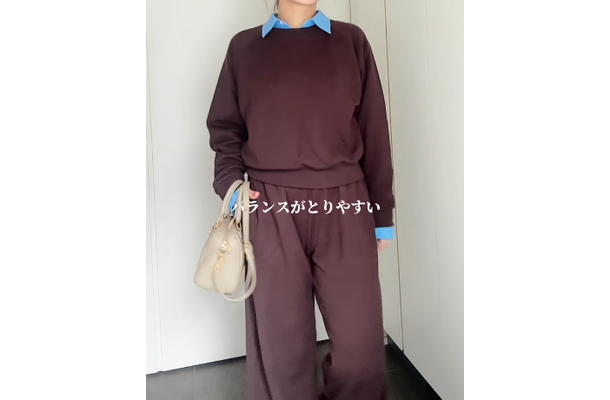 上下【ユニクロ】スウェットのきれい見えする着こなし。ポイントは色選びとチラ見せさせたシャツ【40代の毎日コーデ】