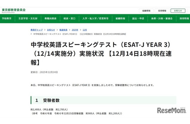 中学校英語スピーキングテスト（ESAT-J YEAR 3） （12/14実施分）実施状況 【12月14日午後6時現在速報】