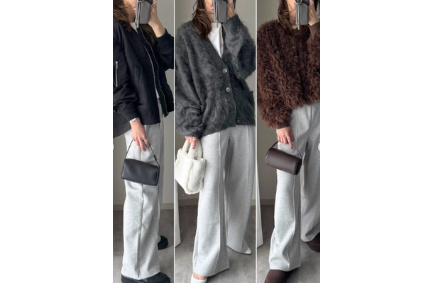 リラクシーと上品見えを兼ねる【ユニクロC新作】 センターライン入りスウェットパンツ。とにかく落ち感がキレイです【40代の毎日コーデ】