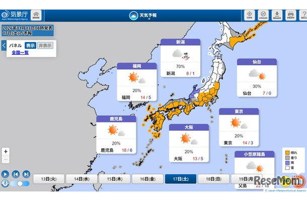 2026年1月17日（土）の天気予報