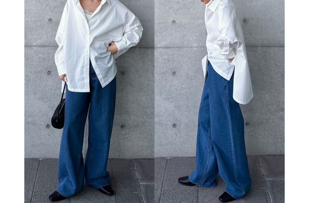 究極シンプルでおしゃれな白シャツ×デニムの旬スタイル。シルエットが美しく体型カバーも叶える着こなし【40代の毎日コーデ】