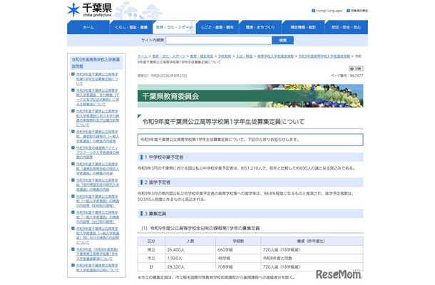 令和9年度 千葉県公立高等学校第1学年生徒募集定員について