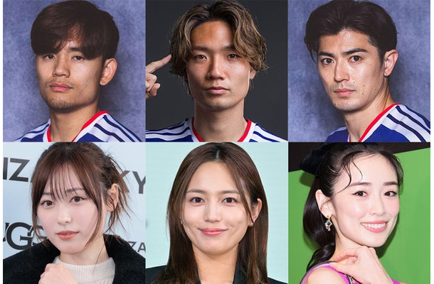 (上段左から)久保建英、板倉滉、谷口彰悟/Photo by Getty Images(下段左から)福原遥、川口春奈、泉里香(C)モデルプレス