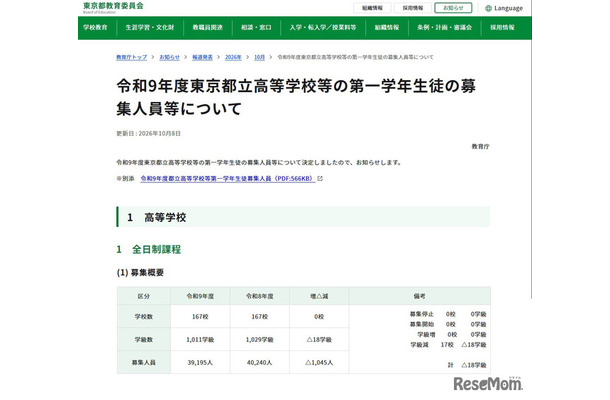 令和9年度都立高等学校等第一学年生徒募集人員