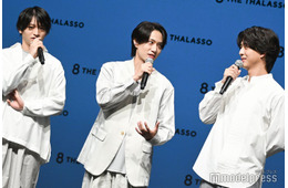 timelesz新メンバー、5人で初のCM会見登場 橋本将生「かき上げと言ったら僕」