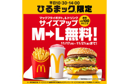 マクドナルド、ポテト＆ドリンクのM→Lサイズアップ「ひるまック」限定で5日間無料