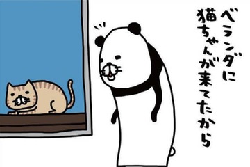 ベランダに猫ちゃん発見。愛犬・梅吉に見せてあげると、お互い同じ反応…【パンダと犬 ＃34】 画像