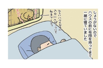 ゲージから離れると鳴き出す、初めての夜。愛犬のそばに布団を運んで眠たのは想い出深い…【おさんぽですし！　おしゃべり犬とイライラ猫の日記 #３】 画像