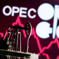 3Dプリンター製模型の背後に表示された石油輸出国機構（OPEC）のロゴ＝2020年4月（ロイター＝共同）